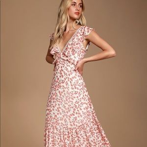 New w/ tags lulu Darling Daydream Red and White Floral Print Ruffled Maxi Dress